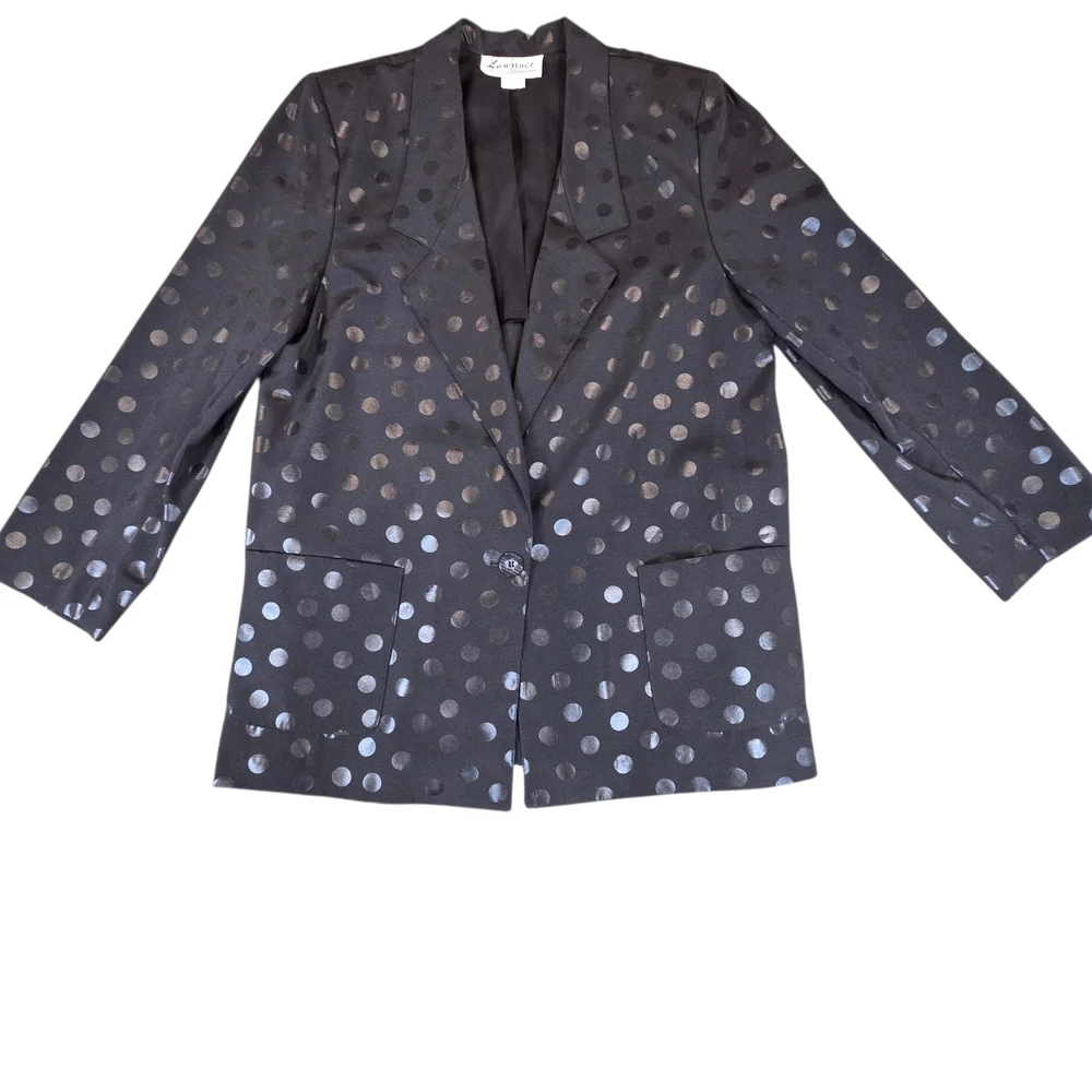 VINTAGE LAWRENCE 90s Polka Dot Blazer | L | Black | Retro Tailored Jacket - Picture 2 of 14